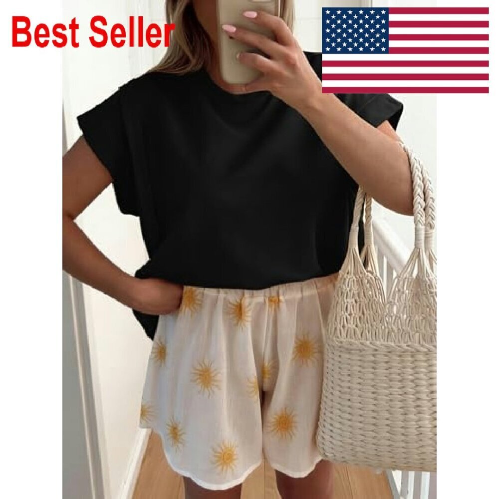 Oversized Cap Sleeve T-Shirt Side Slit Loose Fit Summer Casual Tunic Top - Picture 4 of 7